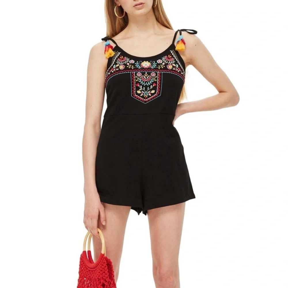 TOPSHOP Embroidered Tassel Knit Romper Black Size 8 Medium - Picture 6 of 8
